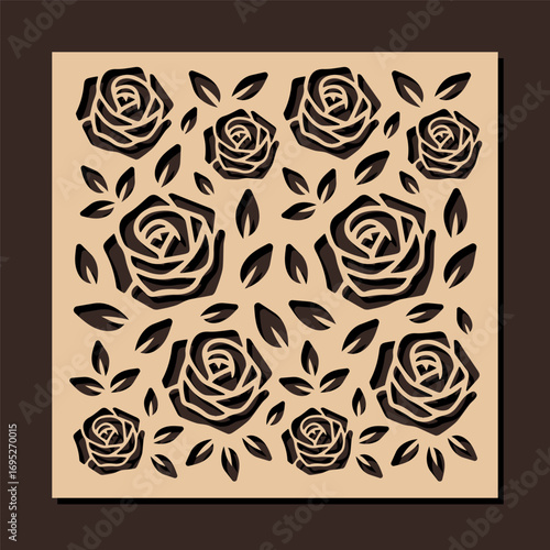 Laser cut decorative panel with roses flowers pattern. Vector floral design for home interior decor, privacy screen, wall art, room dividers. Square template for cnc, plasma and plotter cutting