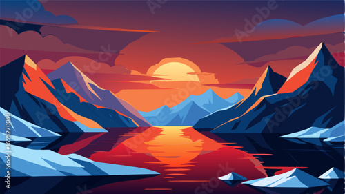 As the sun sets over the glacial fjord a fiery hue paints the snowcapped peaks and icy waters creating a dramatic contrast between the cold and the warmth.