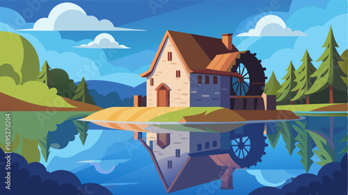 A traditional watermill sitting serenely on the edge of a tranquil lake its reflection shimmering in the still water.
