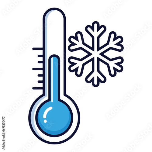 Art of thermometer and snowflake icon indicating cold temperature and winter weather, isolated on white background