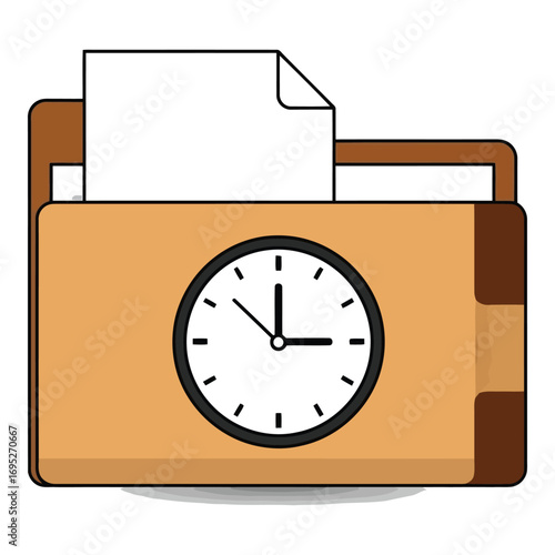 Art of brown file folder with documents and a clock face, symbolizing time management and data organization, isolated on white background