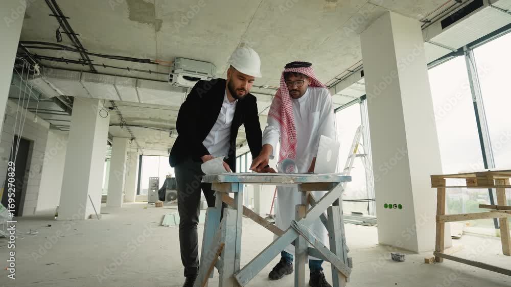 Architect showing blueprint to Emirati investor during building inspection Architect showing blueprint to Emirati investor during building inspection