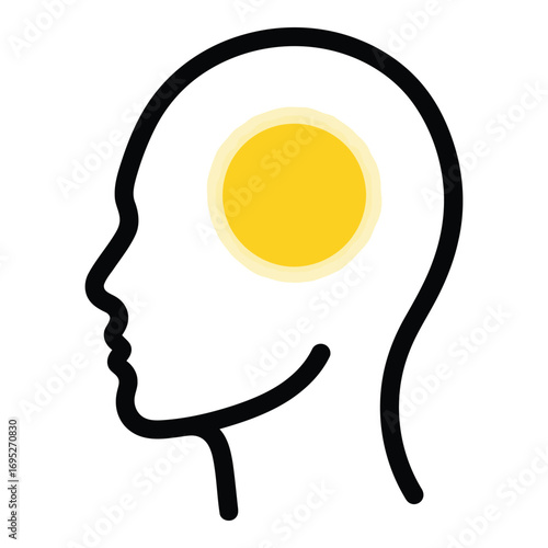 Art of stylized outline of a human head profile with a glowing yellow circle representing thought or a bright idea inside, isolated on white background