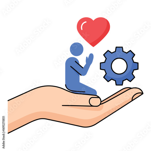 Art of a stylized hand holding a kneeling blue figure in prayer, a red heart, and a blue gear, symbolizing support, faith, and work, isolated on white background