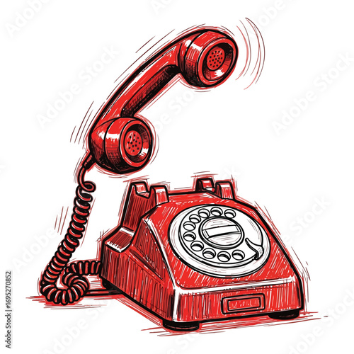 Art of a vintage red rotary telephone with its handset lifted, depicted in a sketchy, handdrawn style, isolated on a white background
