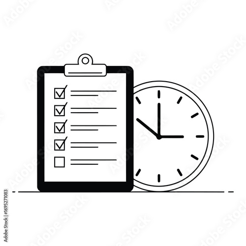 Art of clipboard with a checklist and a clock, symbolizing time management and task completion