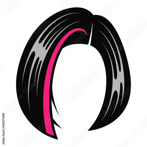 Art of chic black bob hairstyle with a vibrant pink streak, isolated on white background