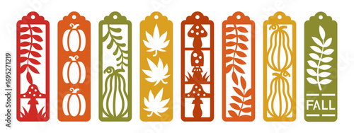 Set of vertical bookmarks with fall patterns. Vector design with leaves and branches, pumpkins, mushrooms. Laser cut template. Decorative autumn bookmark stencil for paper, wood and metal cutting