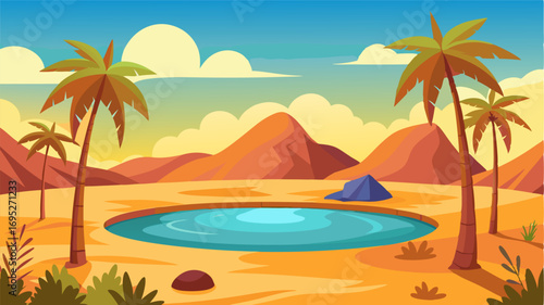 A stunning oasis oasis emerges from the desert landscape with a serene pond at its center and a canopy of palm trees providing muchneeded shade from the scorching sun.
