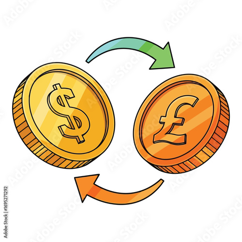 Art of dollar and pound coins with exchange arrows, symbolizing currency exchange and global finance