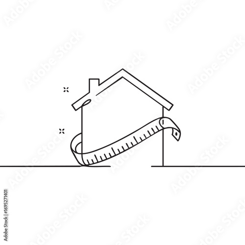 A continuous line drawing depicts a house being measured by a tape, symbolizing property valuation, home renovation, or real estate assessment.