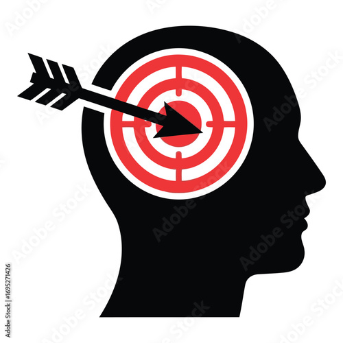 Art of black head silhouette with a target and arrow in the mind, isolated on white background