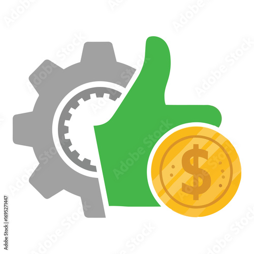 Art of green thumbs up symbol with a gear and a golden dollar coin, signifying financial success and good business