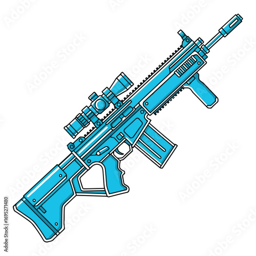 Art of modern blue rifle with scope, isolated on white background