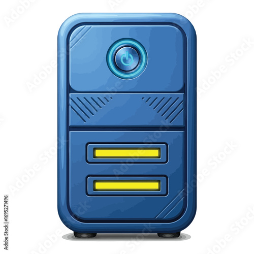 Art of blue computer server icon with yellow lights, isolated on white background