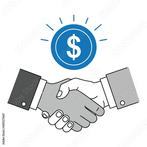 Art of two hands shaking in agreement with a dollar coin symbol above, representing business success
