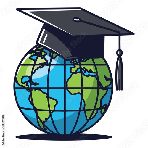 Art of globe with a graduation cap on top, symbolizing global education, isolated on white background