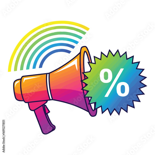 Art of colorful megaphone with a percentage sign and rainbow sound waves, isolated on white background