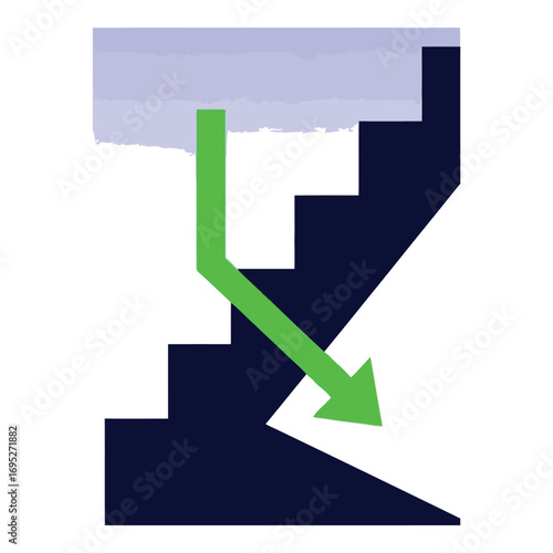 Art of green arrow pointing down the stairs, symbolizing financial decline, market crash, or economic recession isolated on white background