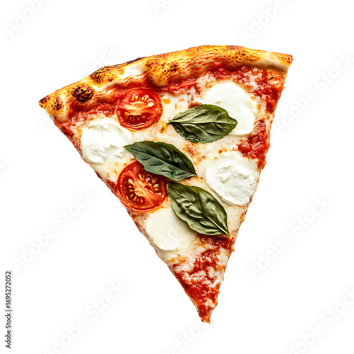 Slice of Margherita Pizza with Fresh Tomatoes, Mozzarella, and Basil Leaves