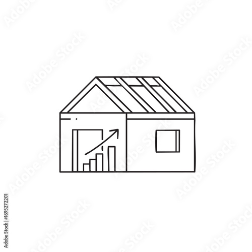 A minimalist line art icon illustrating real estate market growth, property investment, and the increasing value of a home or new construction.