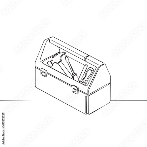 A minimalist continuous line drawing depicts an open toolbox filled with essential hand tools like a hammer and screwdrivers, ready for various repair tasks.