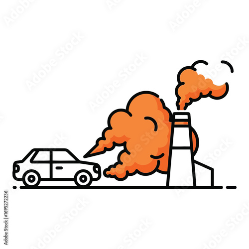 Art of car emitting smoke towards industrial factory chimney releasing pollution into the air