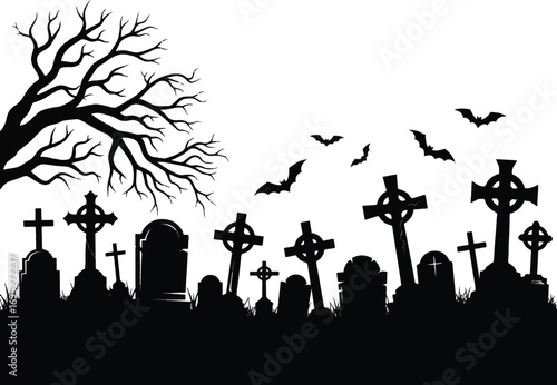 Silhouette of a Spooky Graveyard with Tombstones and Bats.