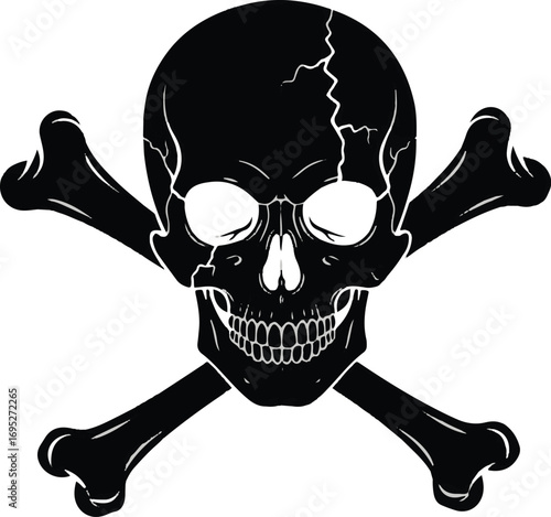 A stark black silhouette of a skull and crossbones symbol.