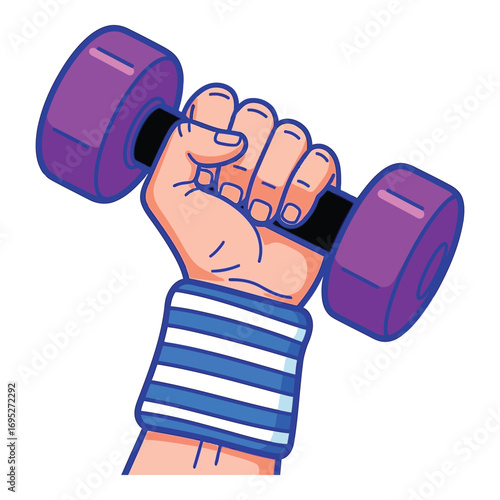 Art of hand holding a purple dumbbell, representing strength training and fitness, isolated on white background