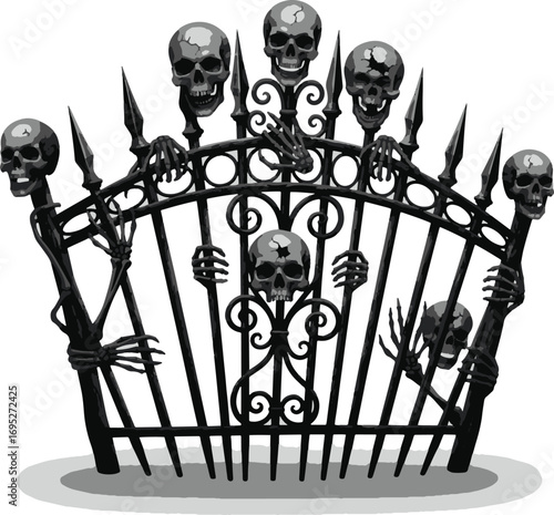 Spooky wrought iron gate with skull decorations for Halloween.