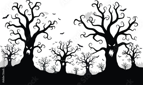 Spooky Halloween Trees Silhouette with Bats and Eerie Faces.