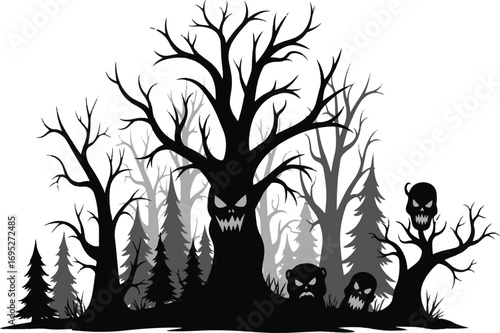 Spooky Halloween Forest Silhouette with Evil Faces and Trees.