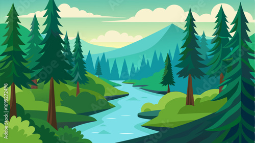 A verdant forest with towering trees where the refreshing scent of pine mingles with the earthy fragrance of the river.