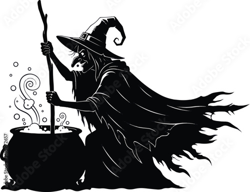Witch stirring a cauldron, halloween theme, magic potion, mystical scene, dark arts, fantasy.