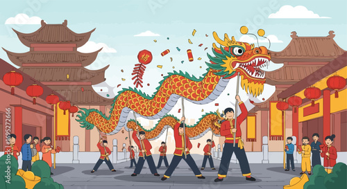 People performing a lively Chinese dragon dance on a festive street