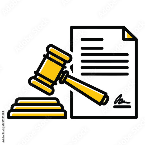 Art of yellow gavel resting on a stack of three items next to a document with lines and a signature, isolated on white background