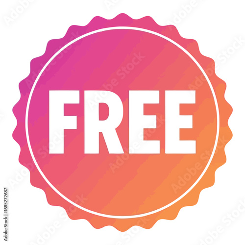 Art of circular badge with a serrated edge, featuring a pink to orange gradient and the word free in white, isolated on white background