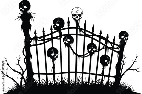 Spooky graveyard fence silhouette with skull decorations against white background.