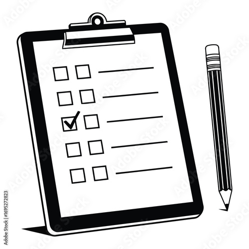 Art of clipboard with a checklist and a pencil, showing a completed task with a checkmark, isolated on white background