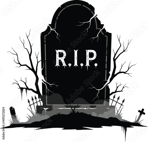 Gravestone with R I P inscription and spooky tree branches in a graveyard.