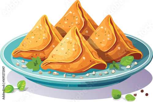 A delicious plate of crispy, fried Indian samosas. A vector illustration of a popular and savory appetizer from Indian cuisine. Generative AI