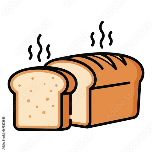 Art of freshly baked loaf of bread with a slice cut, emitting steam, isolated on white background