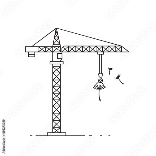 A towering industrial crane delicately lifts a fragile dandelion puffball, releasing its seeds into the air, symbolizing new beginnings and gentle growth amidst development.