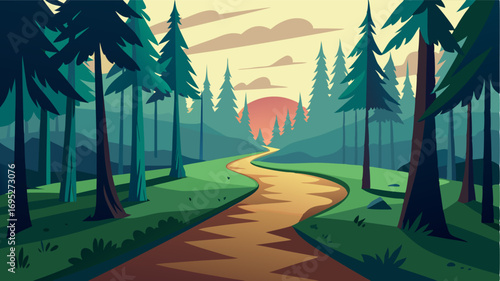 Enjoy the peaceful solitude of a serene forest trail shaded by tall pine trees and accompanied by the sounds of nature.
