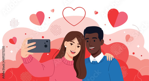 Happy diverse couple taking a selfie with hearts and a red background