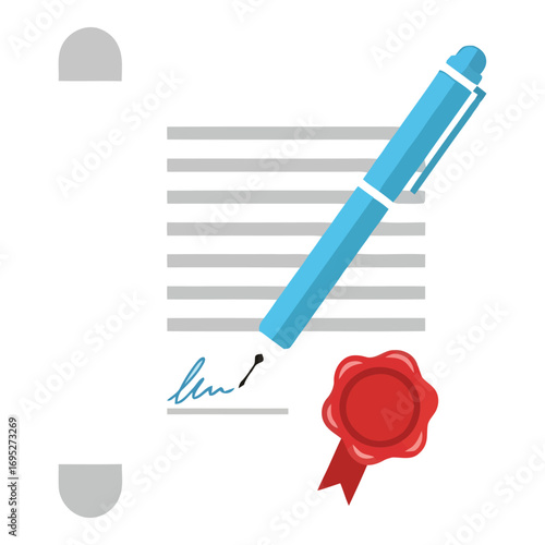 Art of a document scroll with a pen signing a signature and a red wax seal, symbolizing legal agreement and official confirmation