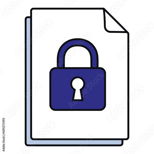 Art of blue padlock icon on a stack of documents, symbolizing data security and file protection, isolated on white background