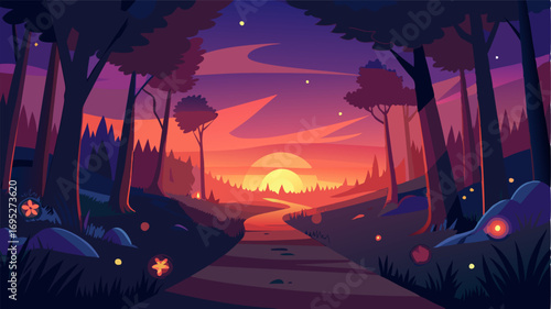 As the sun sets the woods take on a mystical quality with the path illuminated by the warm glow of fireflies and ling stars above.
