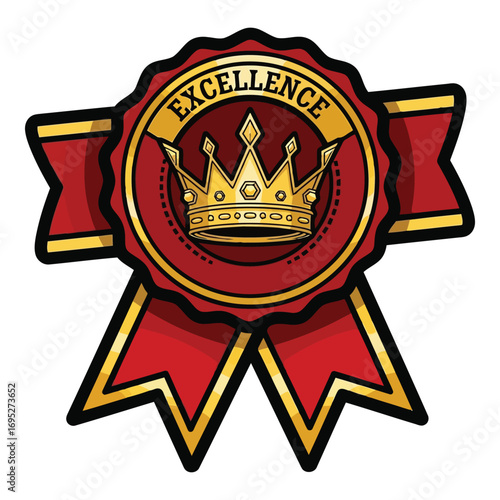 Art of golden crown award badge with red ribbons, signifying excellence and achievement, isolated on white background